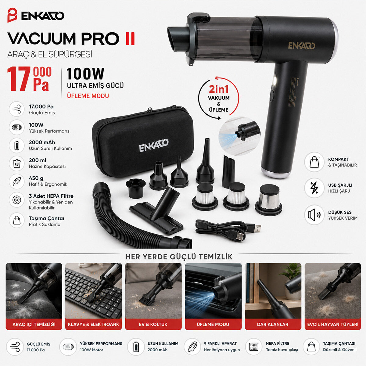 OTO ARAÇ - 2IN1 ŞARJLI 100W - 17000PA 9 BAŞLIK - 3 FİLTRE EL TİPİ BASINÇLI HAVA ÜFLEME - ARAÇ SÜPÜRGE MAKİNESİ TAŞIMA ÇANTALI EKD-SP10 (5643)
