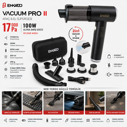 OTO ARAÇ - 2IN1 ŞARJLI 100W - 17000PA 9 BAŞLIK - 3 FİLTRE EL TİPİ BASINÇLI HAVA ÜFLEME - ARAÇ SÜPÜRGE MAKİNESİ TAŞIMA ÇANTALI EKD-SP10 (5643)