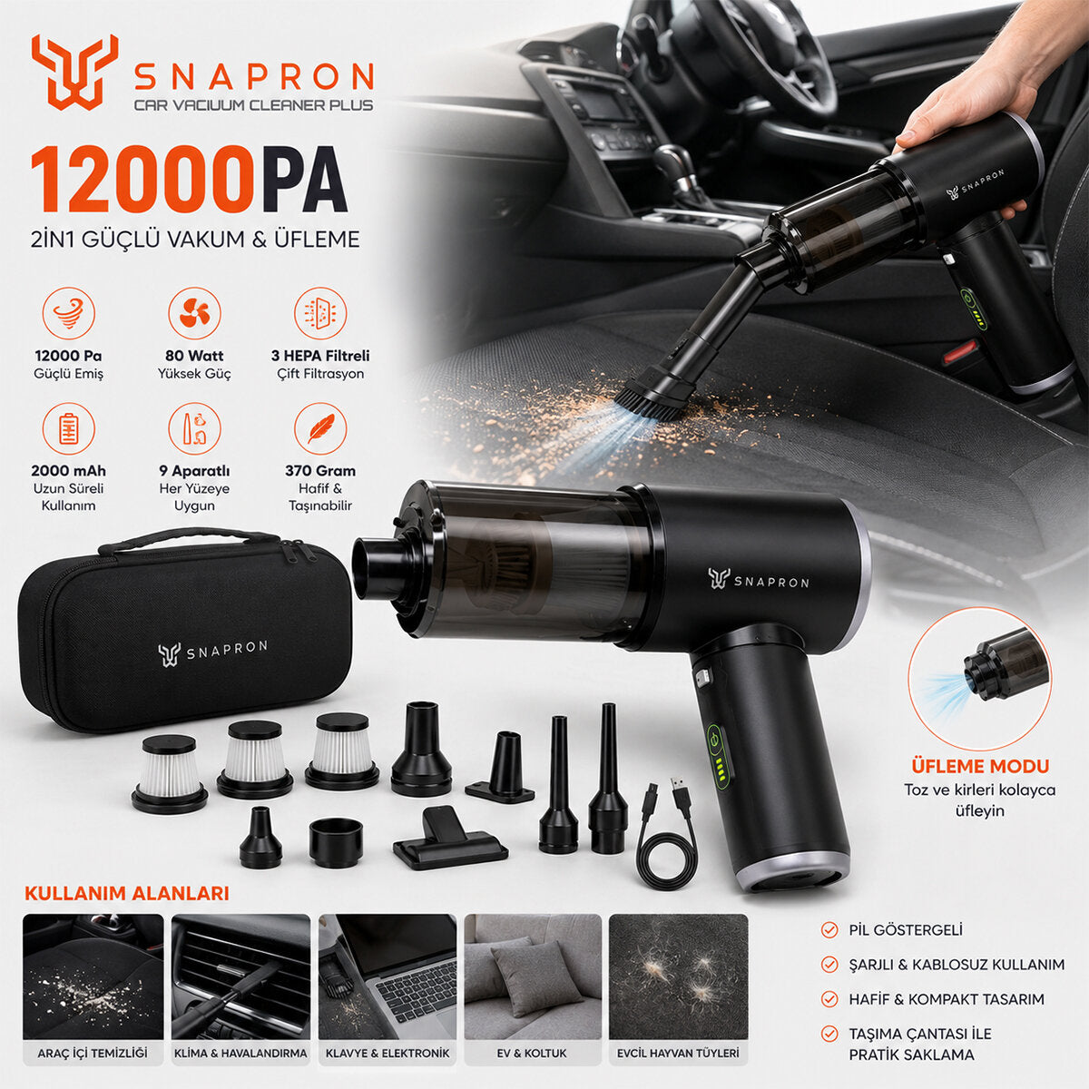 OTO ARAÇ - 2IN1 ŞARJLI 80W - 12000PA 9 BAŞLIK - 3 FİLTRE EL TİPİ BASINÇLI HAVA ÜFLEME - ARAÇ SÜPÜRGE MAKİNESİ TAŞIMA ÇANTALI SNV-3002 (5643)