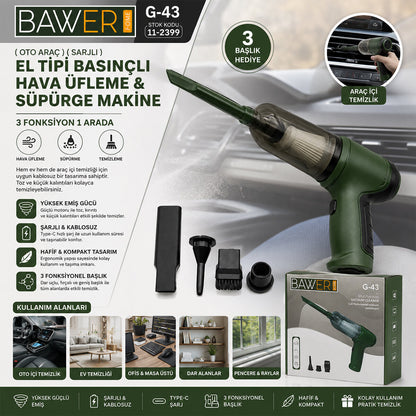 OTO ARAÇ SARJLI EL TİPİ BASINÇLI HAVA ÜFLEME - SÜPÜRGE MAKİNE 3 BAŞLIK G-43 (5643)