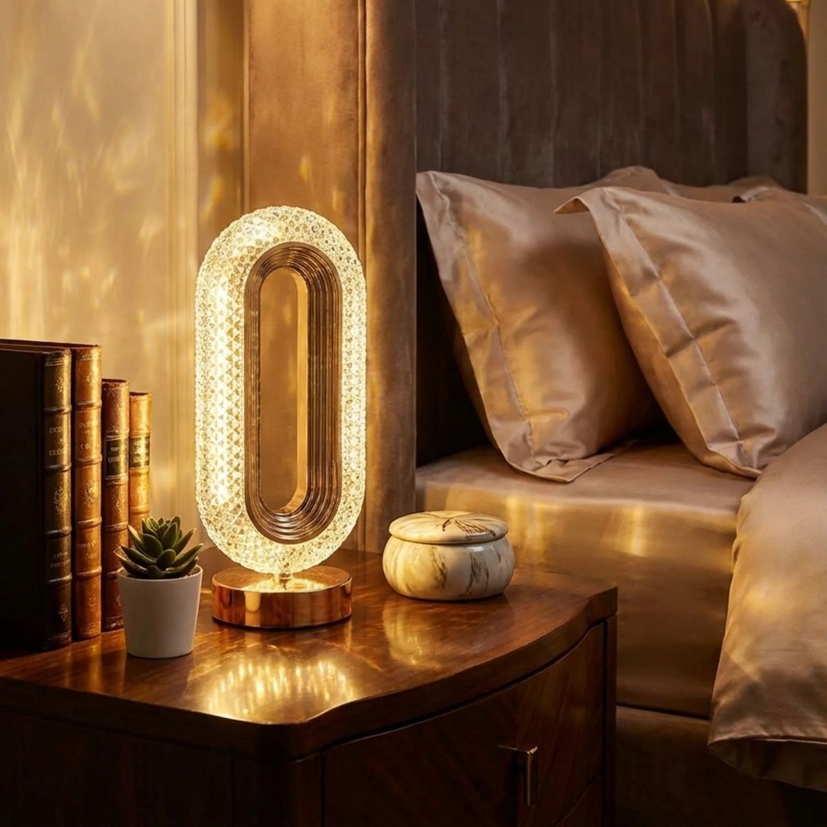 Oval Şeklinde Kristal LED Masa Lambası – Dokunmatik, 3 Renk Işık Modlu, Şarjlı Dekoratif Gece Lambası (5643)