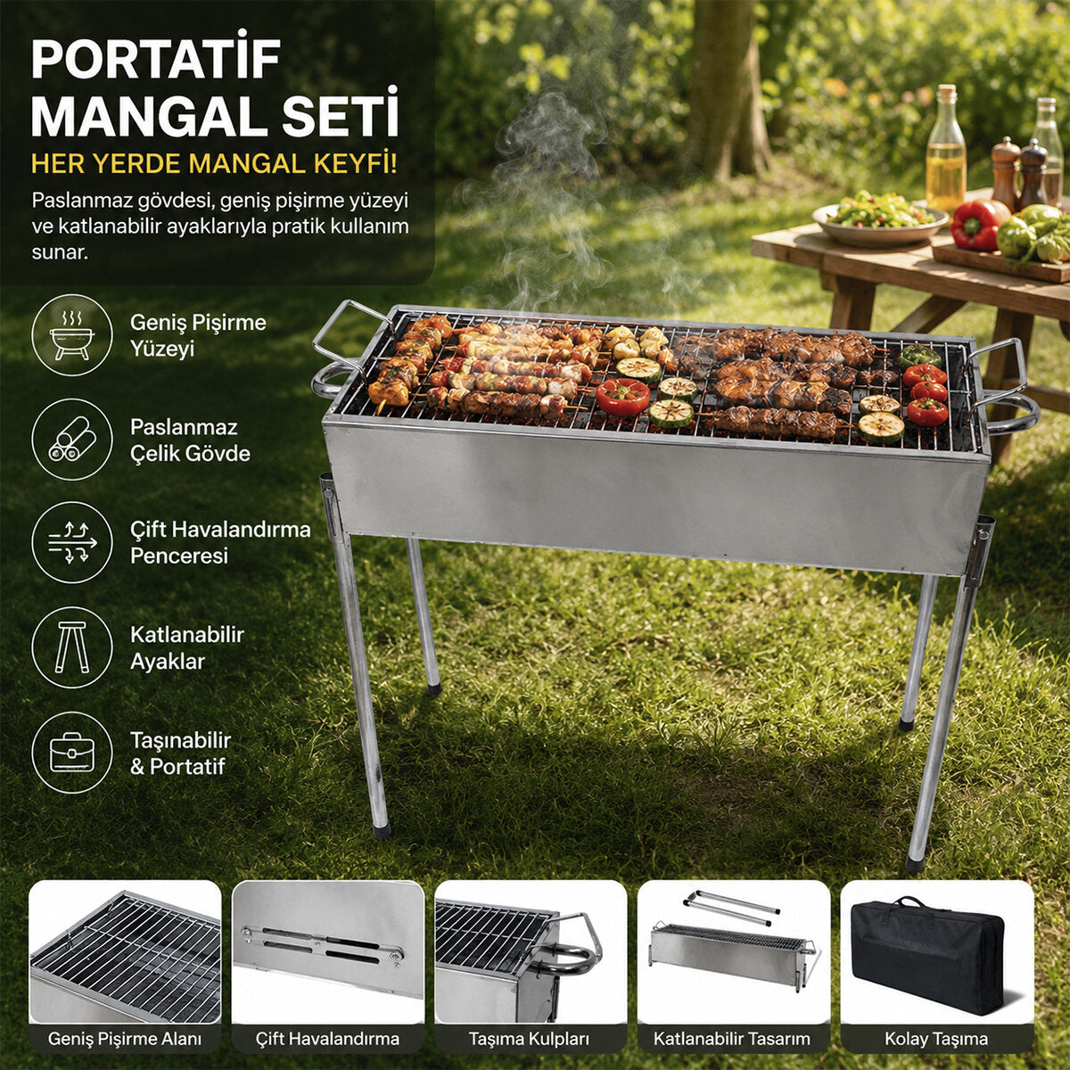 PASLANMAZ MANGAL PORTATİF AYAKLI - STANDLI 70CM (5643)
