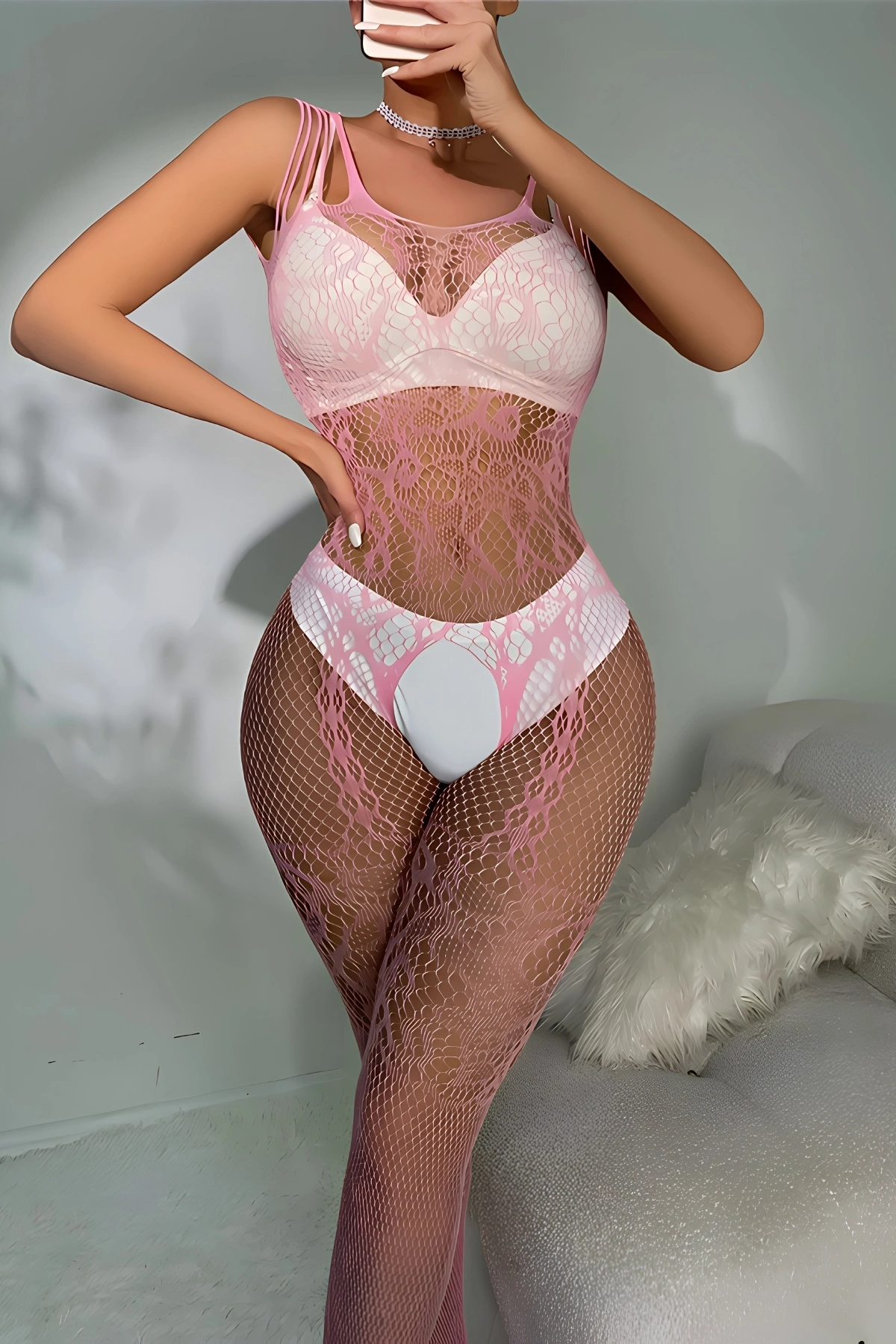 Pembe Askılı Dantel Detaylı File Vücut Çorabı Tm1453 - Pembe / XL