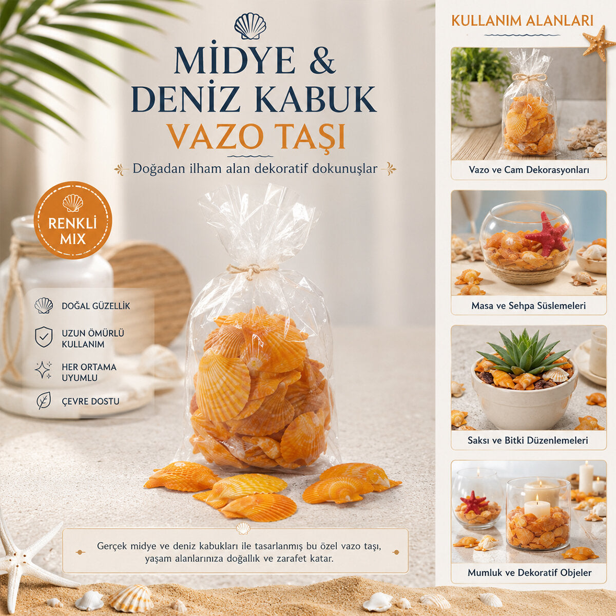 POŞETLİ RENKLİ MİX MİDYE - DENİZ KABUK VAZO TAŞI (5643)