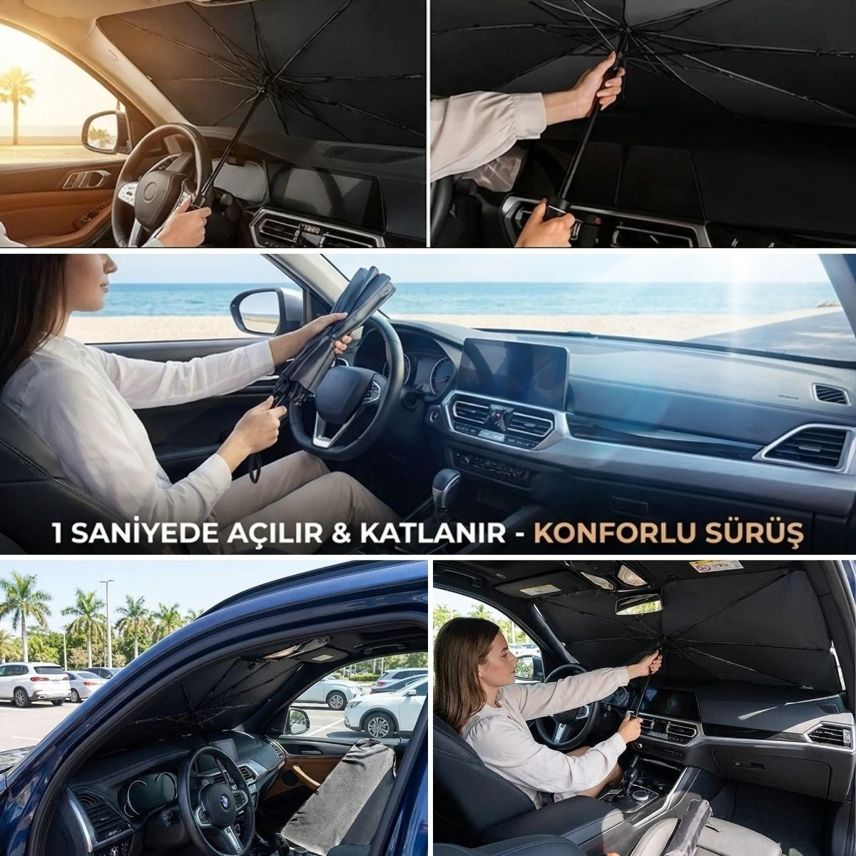 Premium Katlanabilir Araç Ön Cam Güneşliği – Şemsiye Tipi Oto Güneşlik, UV Korumalı Isı Yalıtımlı Ön Cam Gölgelik (5643)