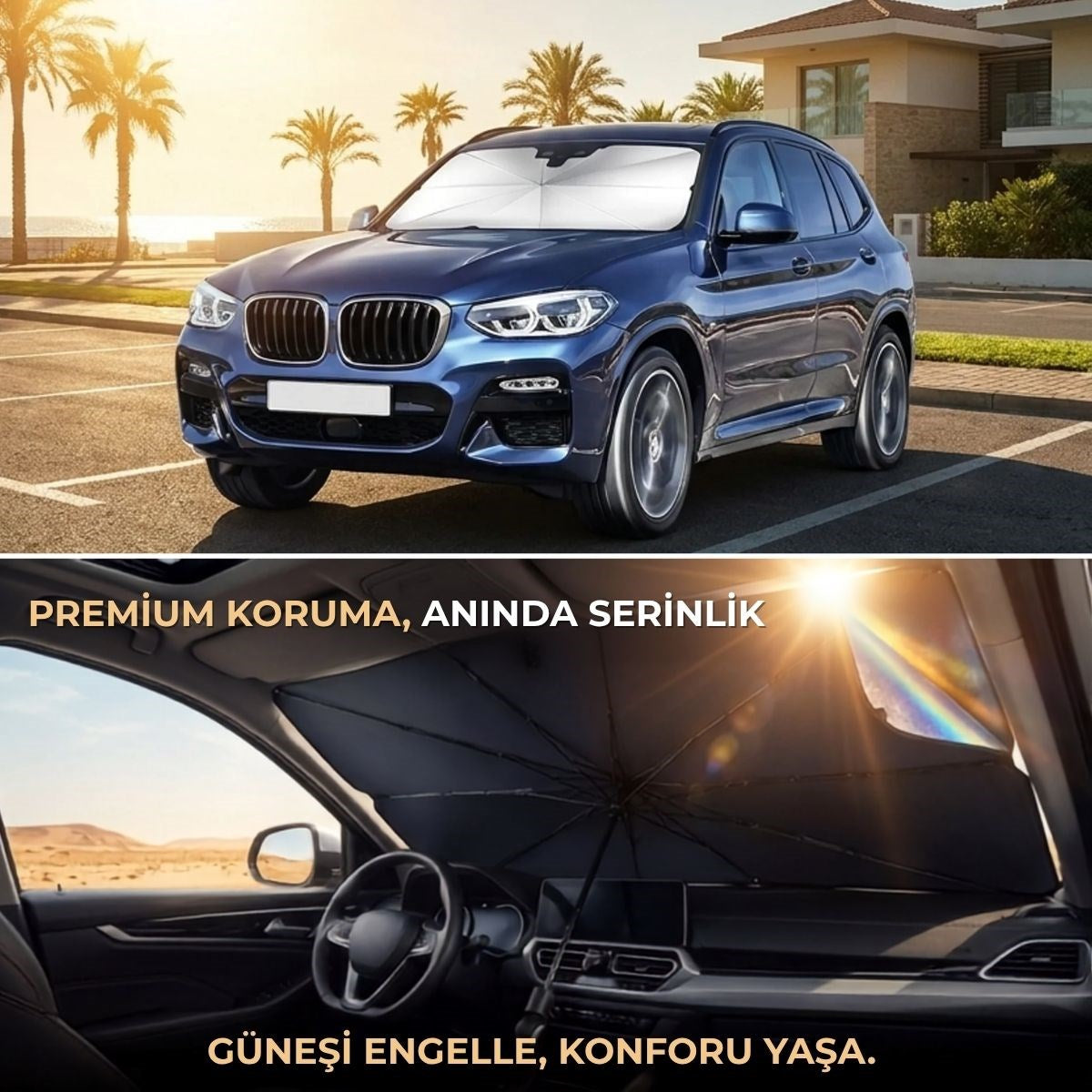 Premium Katlanabilir Araç Ön Cam Güneşliği – Şemsiye Tipi Oto Güneşlik, UV Korumalı Isı Yalıtımlı Ön Cam Gölgelik (5643)