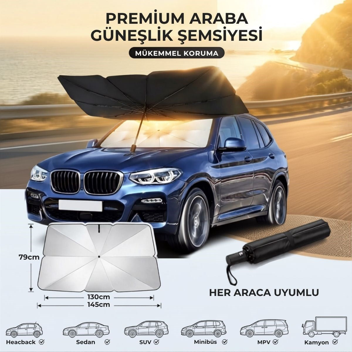 Premium Katlanabilir Araç Ön Cam Güneşliği – Şemsiye Tipi Oto Güneşlik, UV Korumalı Isı Yalıtımlı Ön Cam Gölgelik (5643)