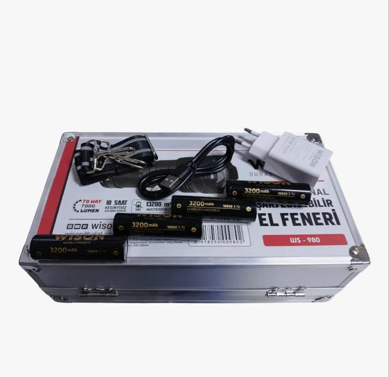 Profesyonel Zoomlu El Feneri | 60w – 7000 Lümen – 13.200 Mah – Type‑c – Metal Gövde (5643)