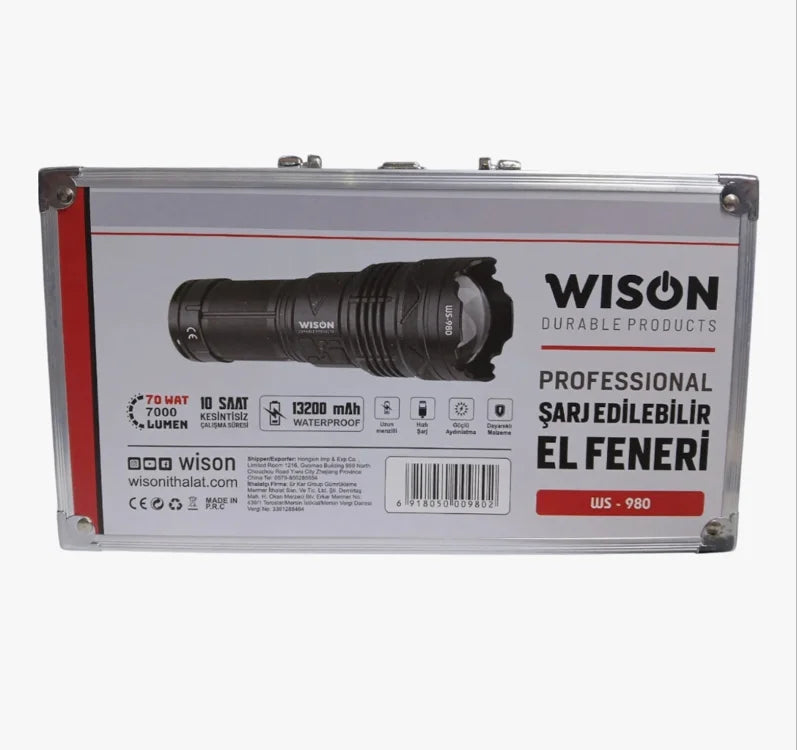 Profesyonel Zoomlu El Feneri | 60w – 7000 Lümen – 13.200 Mah – Type‑c – Metal Gövde (5643)