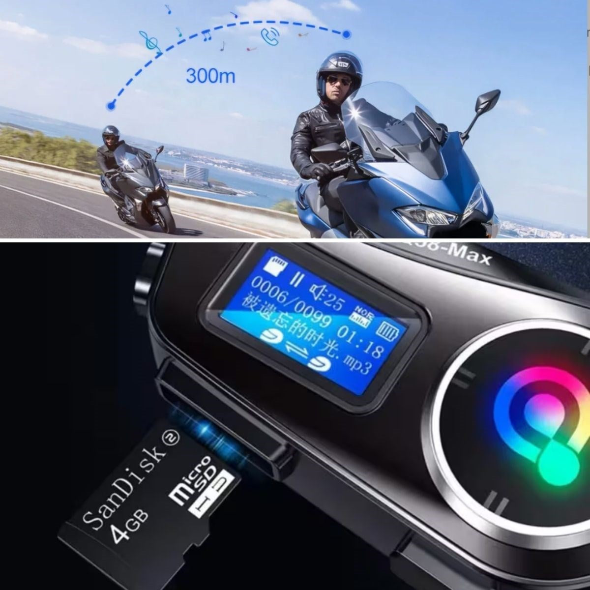 Q58 Motorsikletler İçin Fener Özellikli SD Kart Bölümlü LCD Ekranlı Kablosuz Bluetooth Kulaklıklı – Suya Dayanıklı Kask Kulaklığı (5643)