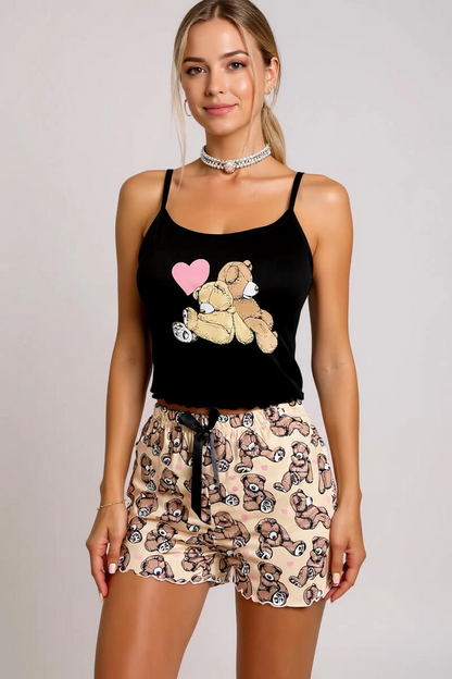 Renkli Ayıcık Desenli Askılı Şortlu Kadın Pijama Takımı - Renkli / XL