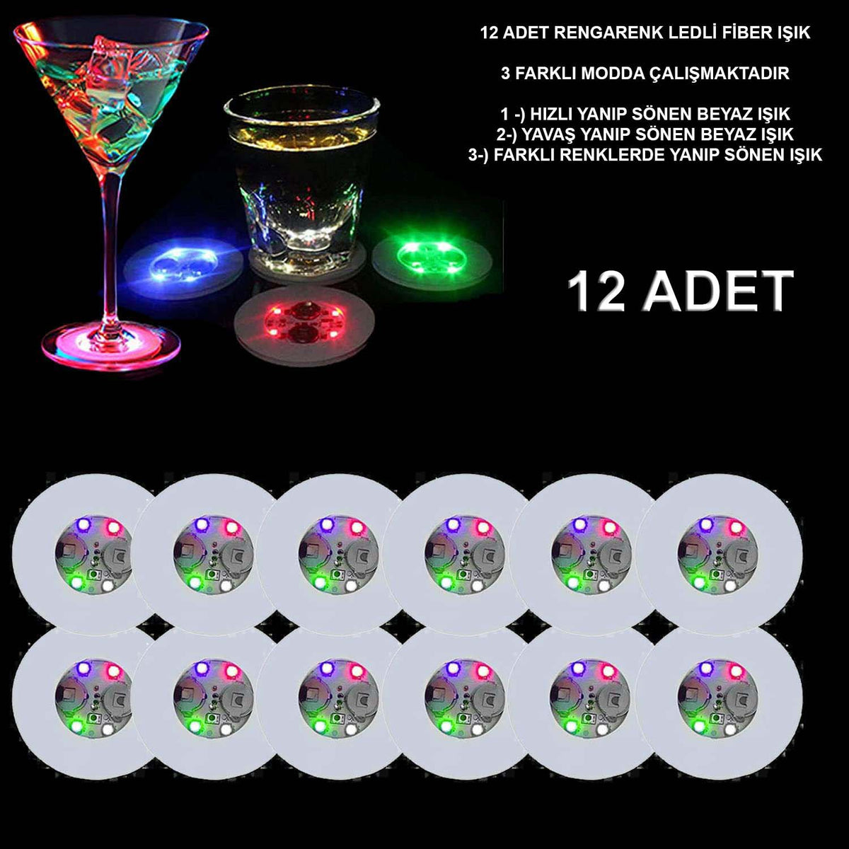 Renkli LED Işıklı Bardak Altlığı - Dekoratif (12 Adet, Pilli) (5643)