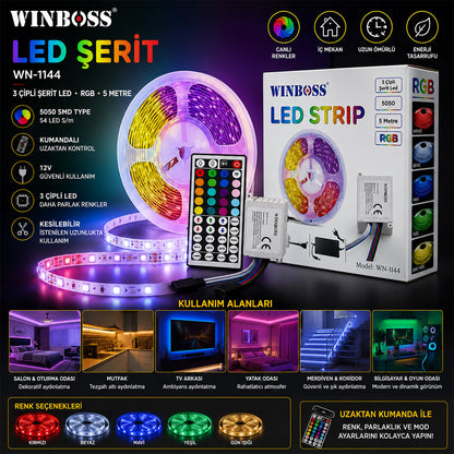 RGB 3ÇİP KUMANDALI ŞERİT LED 5MT (5643)