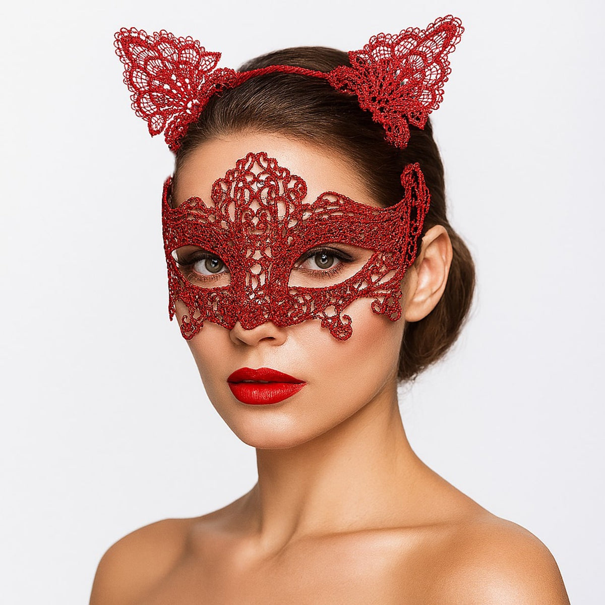 Romantik Kırmızı Dantel Maske Seti – Kedi Kulaklı Taç ve Maske 3 No (5643)