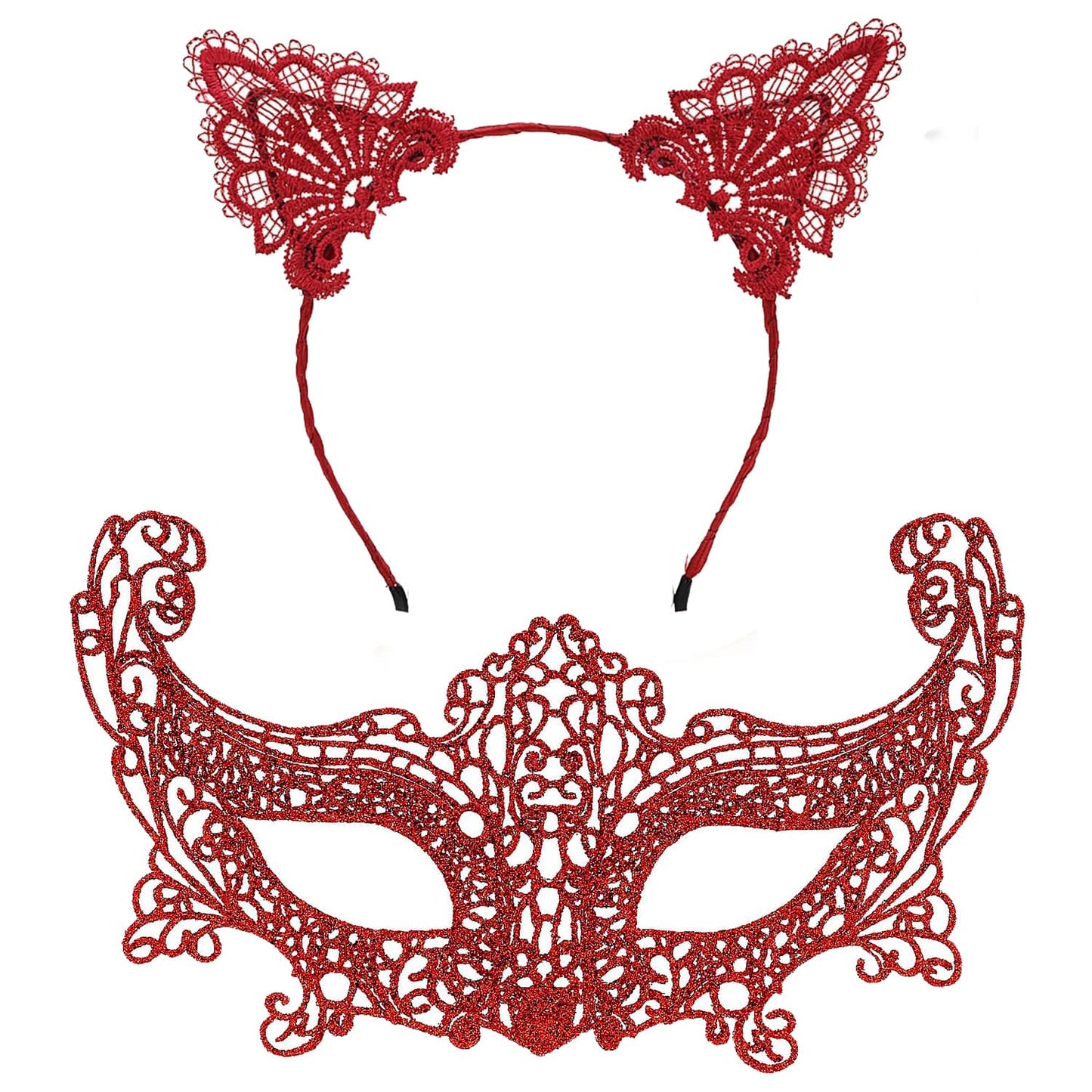 Romantik Kırmızı Dantel Maske Seti – Kedi Kulaklı Taç ve Maske 3 No (5643)