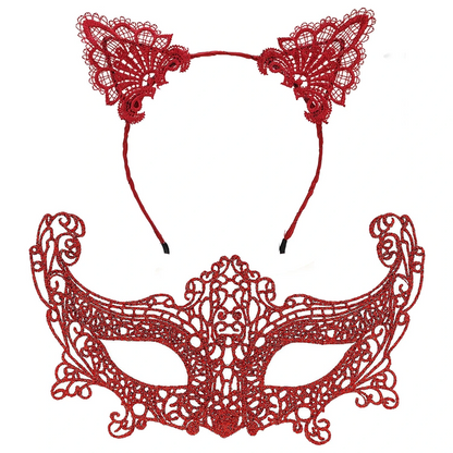 Romantik Kırmızı Dantel Maske Seti – Kedi Kulaklı Taç Ve Maske 3 No