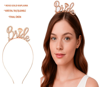 Rose Gold Renkli Taşlı “Bride” Gelin Tacı – El Yazısı Yazı Tipiyle (5643)