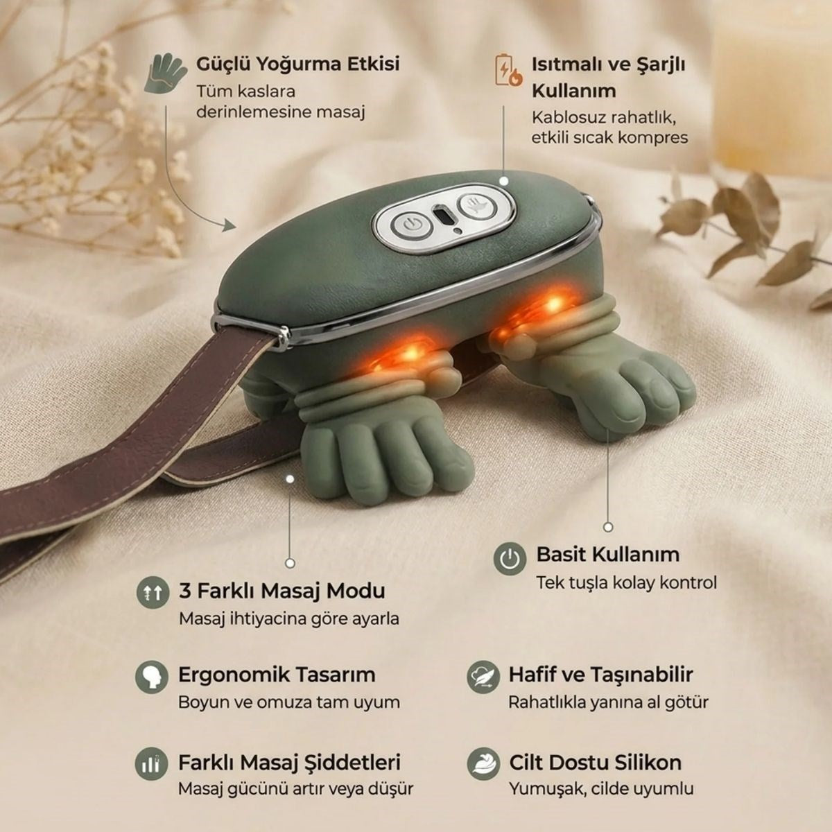 Şarjlı Isıtmalı Boyun ve Omuz Masaj Aleti Parmak Hareketini Taklit Eden Yoğurma Masaj Cihazı (5643)