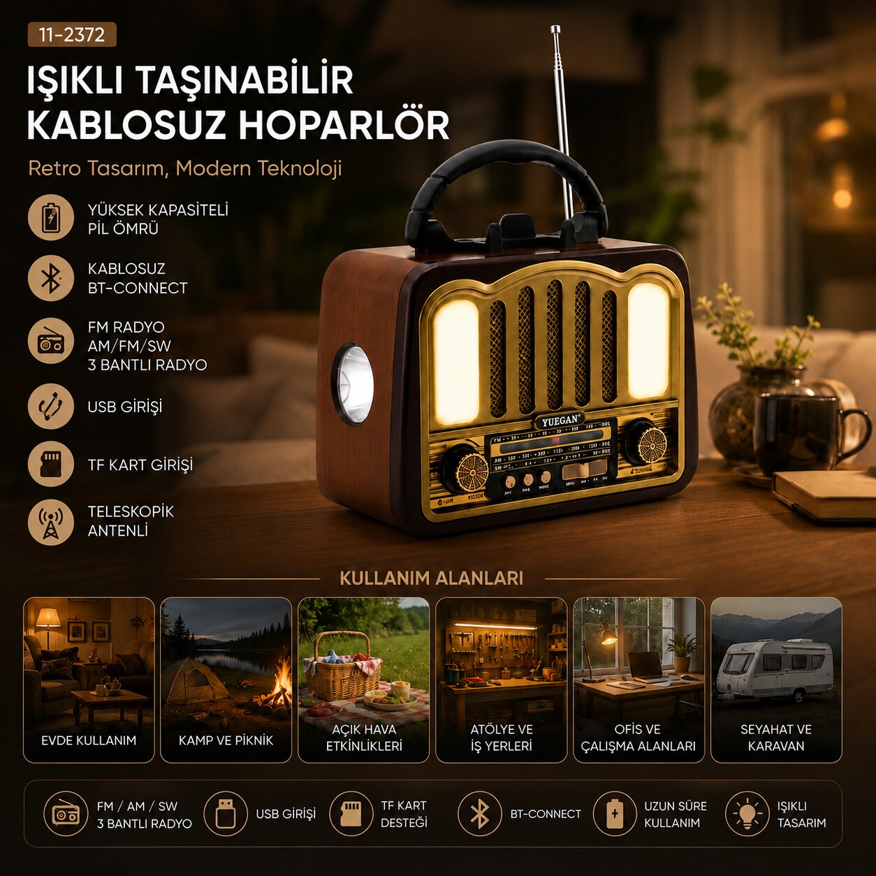 ŞARJLI - NOSTALJİ BLUETOOTH İBRELİ FM RADYO MP3 USB - TF PLAYER SPEAKER PL-4702 (5643)