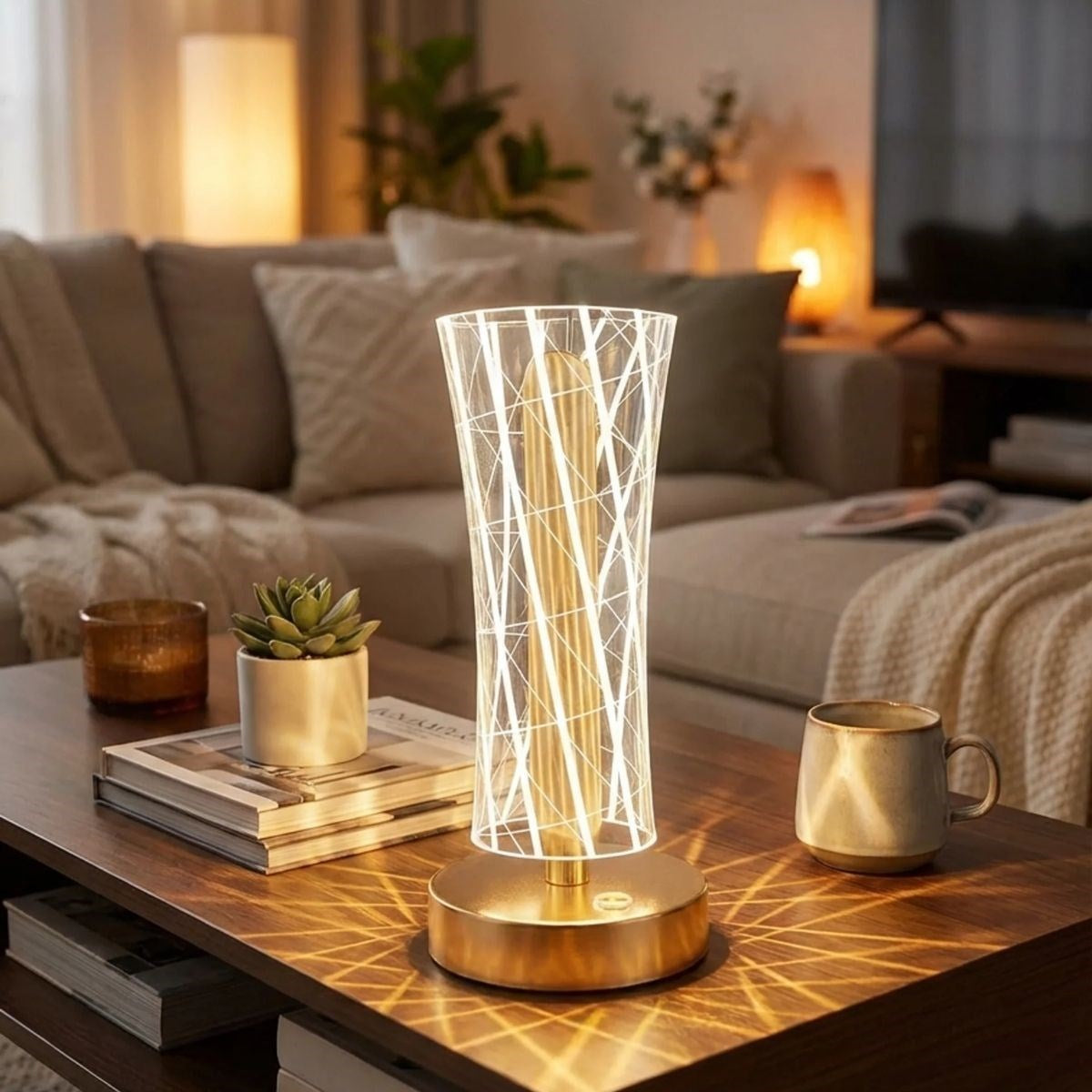 Silindirik Kristal Çizgi Model LED Masa Lambası – Gold Tabanlı, Dokunmatik, 3 Renk Işık Modlu, Şarjlı Modern Dekoratif Gece Lambası (5643)