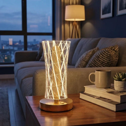 Silindirik Kristal Çizgi Model LED Masa Lambası – Gold Tabanlı, Dokunmatik, 3 Renk Işık Modlu, Şarjlı Modern Dekoratif Gece Lambası (5643)