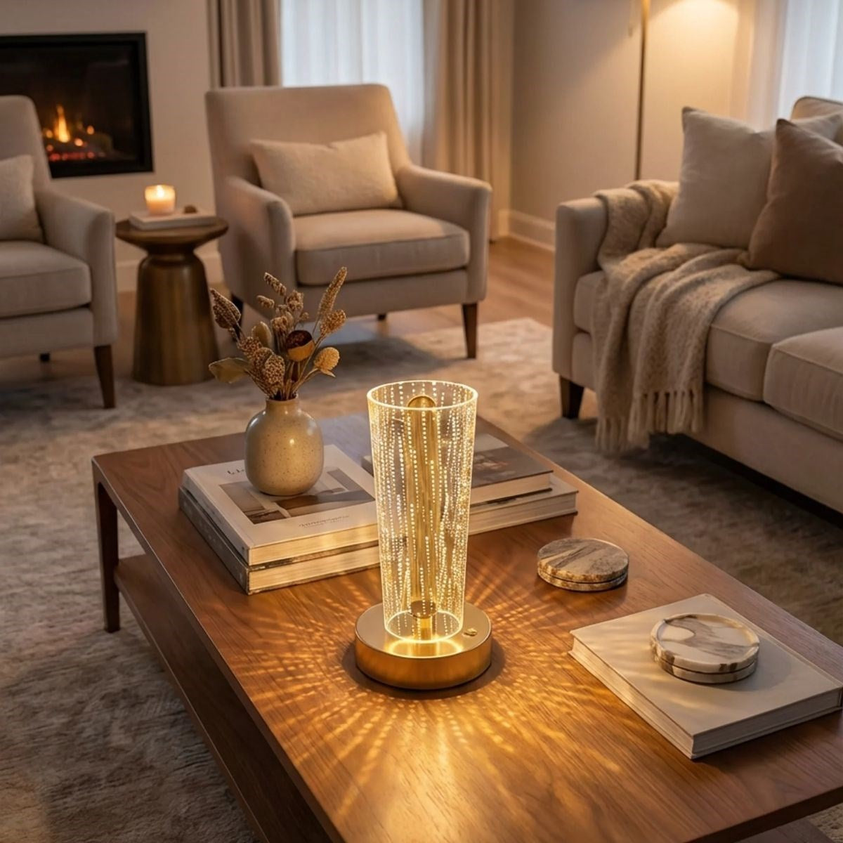 Silindirik Kristal Nokta Model LED Masa Lambası – Gold Tabanlı, Dokunmatik, 3 Renk Işık Modlu, Şarjlı Modern Dekoratif Gece Lambası (5643)
