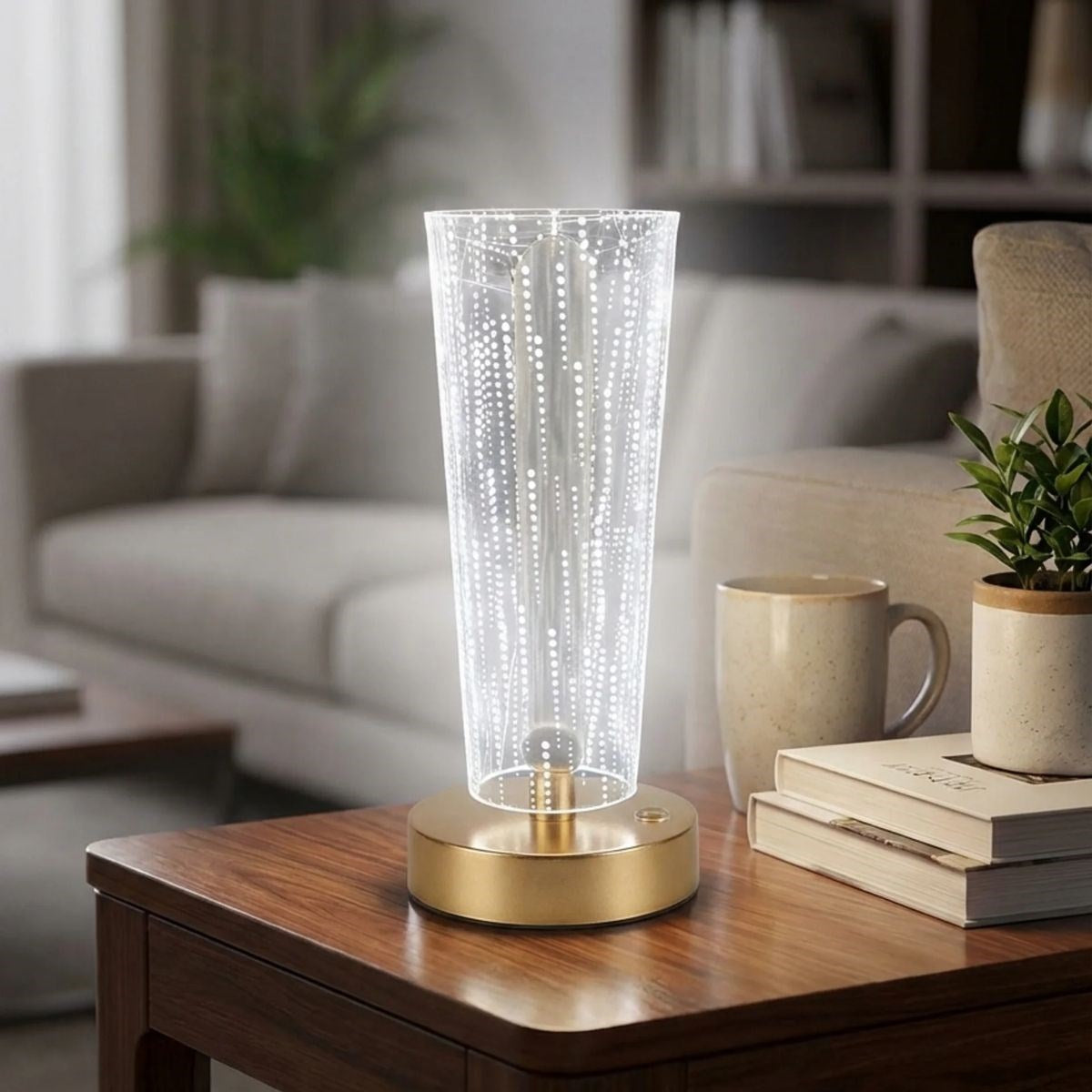 Silindirik Kristal Nokta Model LED Masa Lambası – Gold Tabanlı, Dokunmatik, 3 Renk Işık Modlu, Şarjlı Modern Dekoratif Gece Lambası (5643)