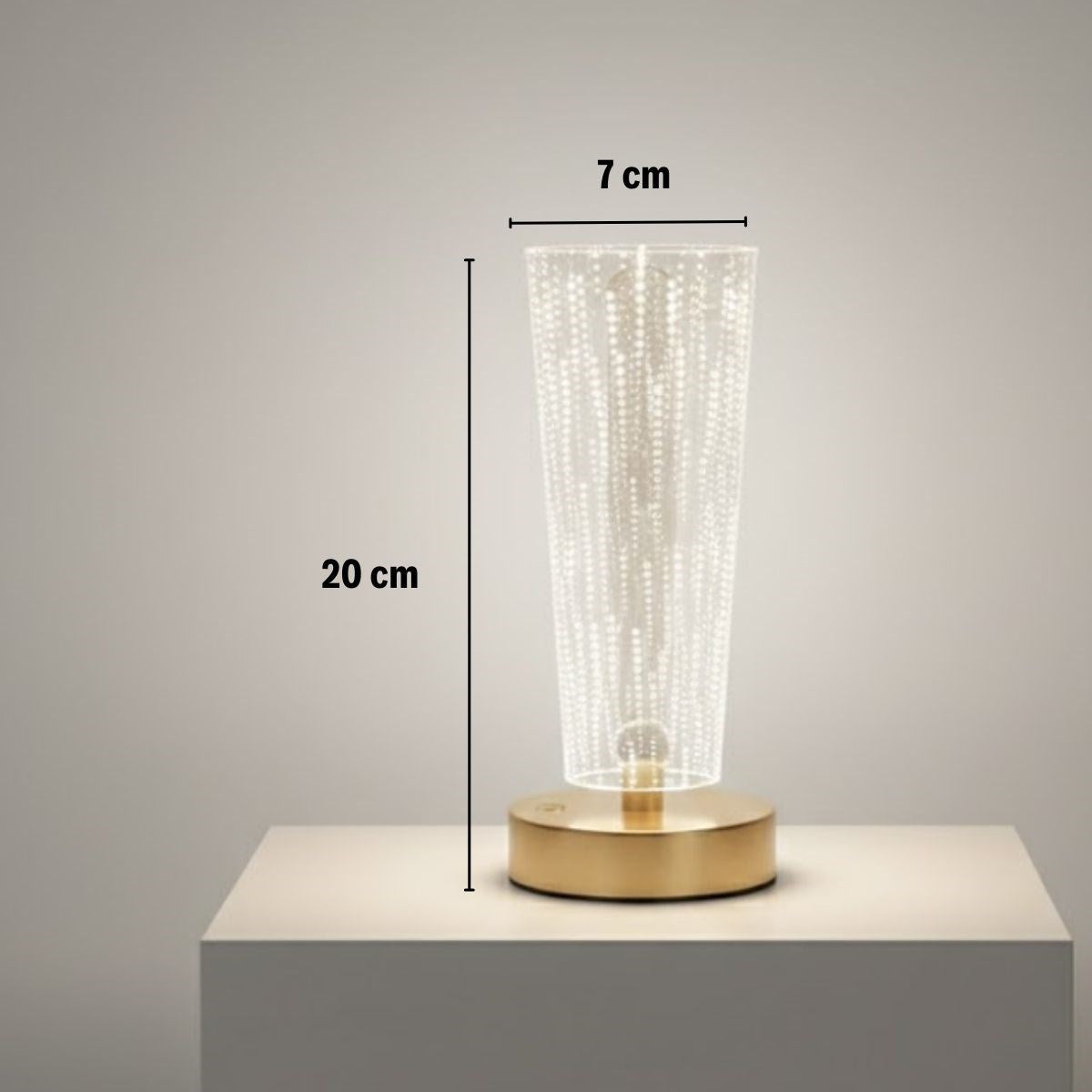 Silindirik Kristal Nokta Model LED Masa Lambası – Gold Tabanlı, Dokunmatik, 3 Renk Işık Modlu, Şarjlı Modern Dekoratif Gece Lambası (5643)