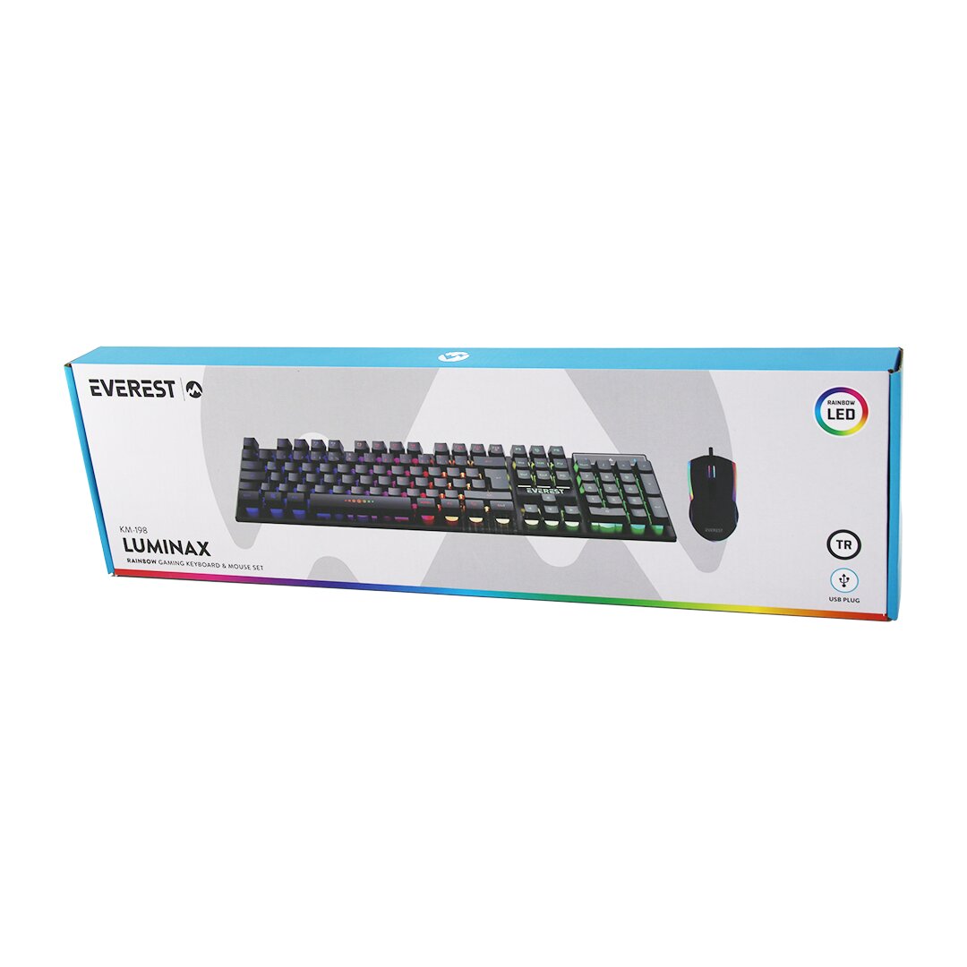 SİYAH GÖKKUŞAĞI IŞIKLI USB KABLOLU OYUNCU KLAVYE - MOUSE SET (5643)