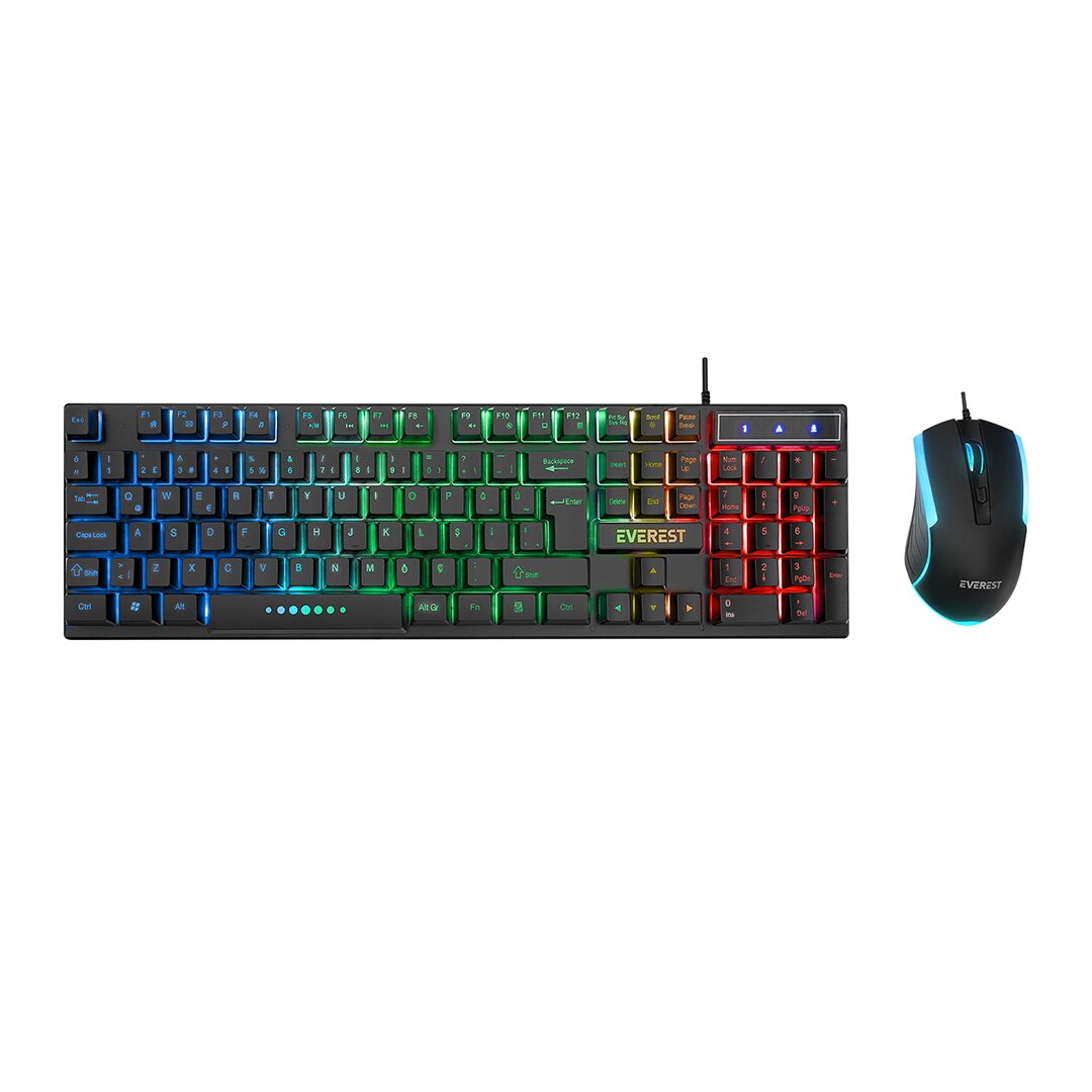 SİYAH GÖKKUŞAĞI IŞIKLI USB KABLOLU OYUNCU KLAVYE - MOUSE SET (5643)