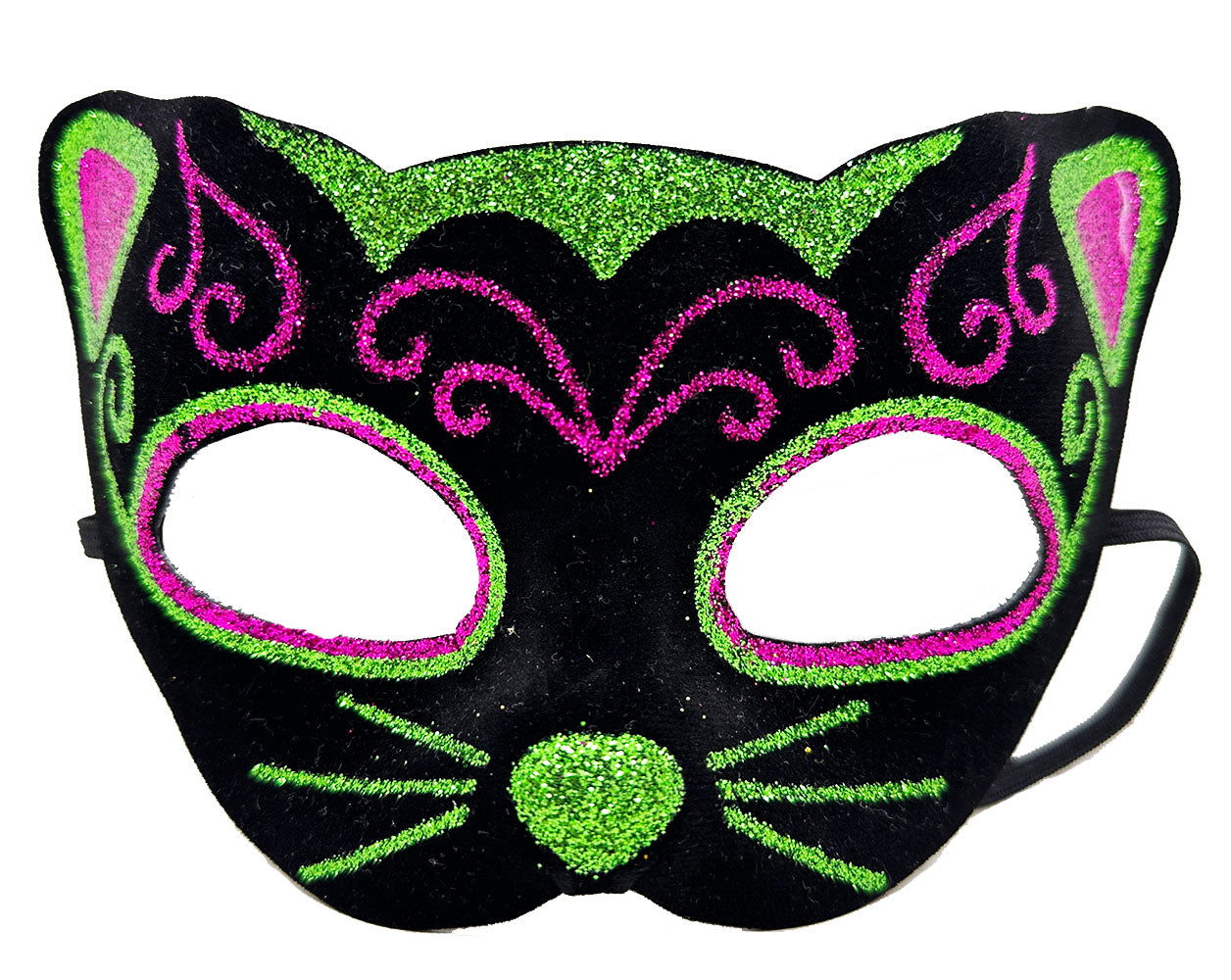 Siyah Kadife Kaplama Üzeri Pembe Yeşil Sim İşlemeli Kedi Maskesi 20x13 cm (5643)