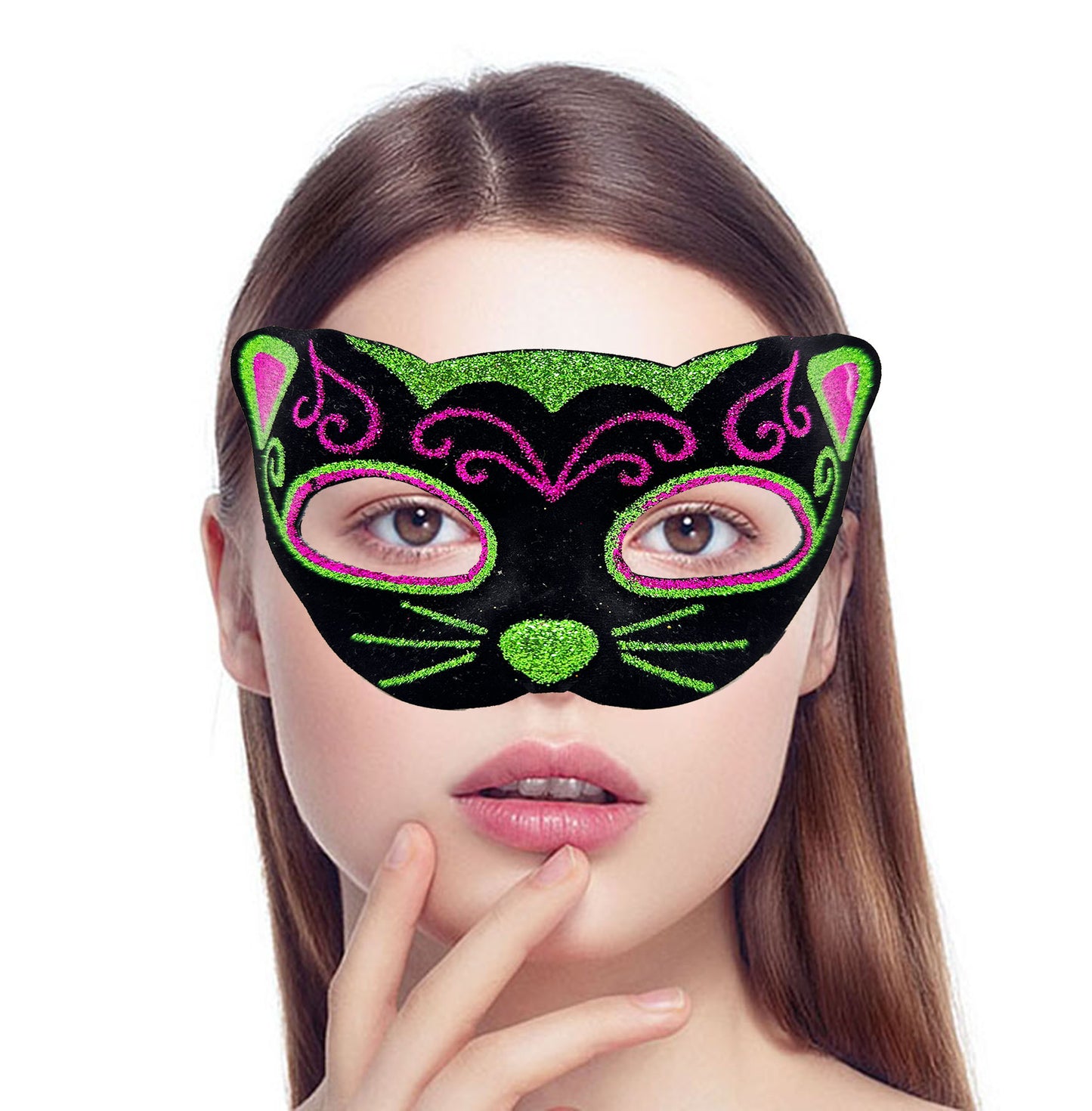 Siyah Kadife Kaplama Üzeri Pembe Yeşil Sim İşlemeli Kedi Maskesi 20x13 cm (5643)