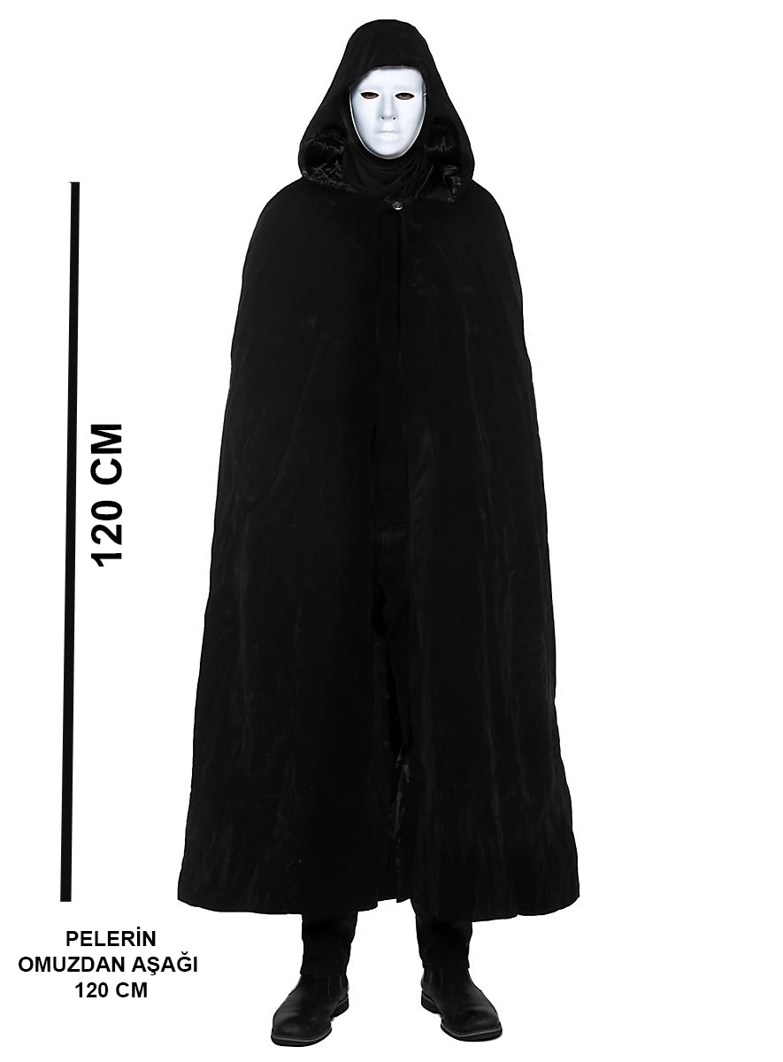 Siyah Kapüşonlu 120 cm Pelerin ve Beyaz Boyanabilir Tam Yüz Maske (5643)
