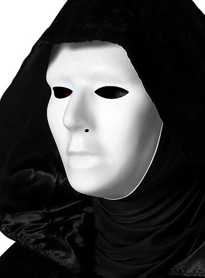 Siyah Kapüşonlu 120 cm Pelerin ve Beyaz Boyanabilir Tam Yüz Maske (5643)