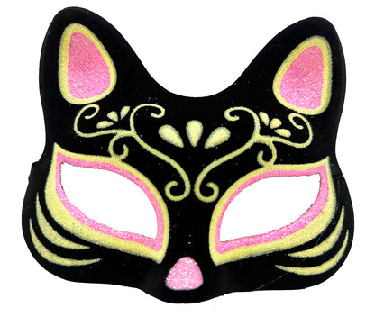 Siyah Renk Süet Kaplama Üzeri Pembe Sarı Simli Kedi Maskesi 17x14 cm (5643)