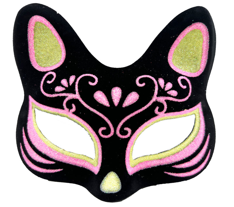 Siyah Renk Süet Kaplama Üzeri Sarı Pembe Simli Kedi Maskesi 17x14 cm (5643)