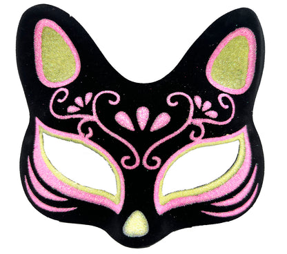 Siyah Renk Süet Kaplama Üzeri Sarı Pembe Simli Kedi Maskesi 17x14 cm (5643)