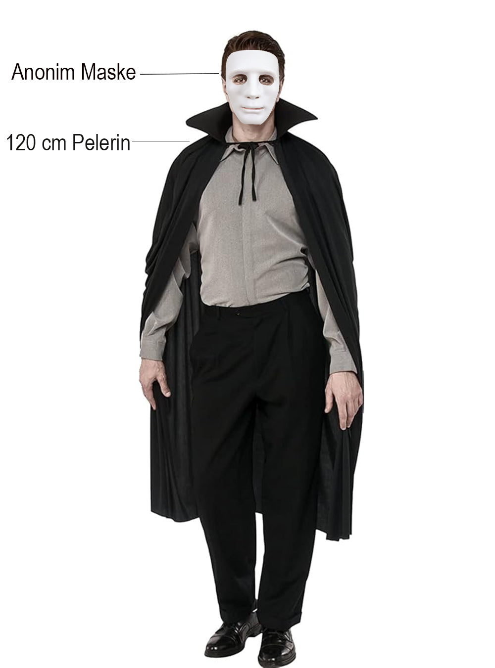 Siyah Renk Yakalı 120 cm Pelerin ve Beyaz Anonim Maske (5643)