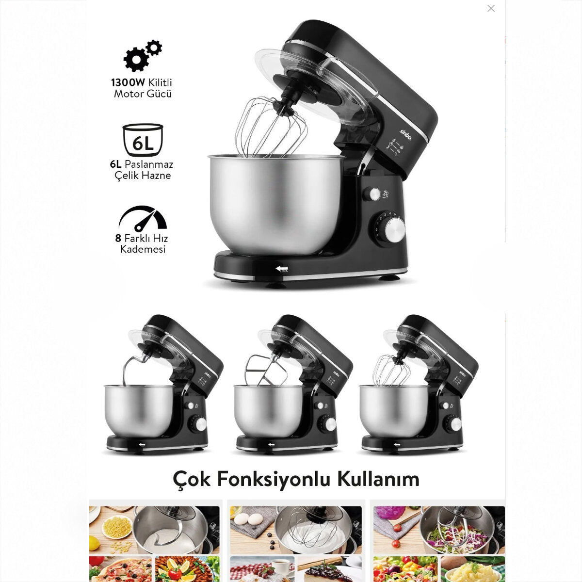 SİYAH STANDLI MİKSER ÇIRPICI - HAMUR YOĞURUCU - KARIŞTIRICI 8 KADEME HIZ AYAR 6L ÇELİK HAZNE 1300W SMX-2769 (5643)