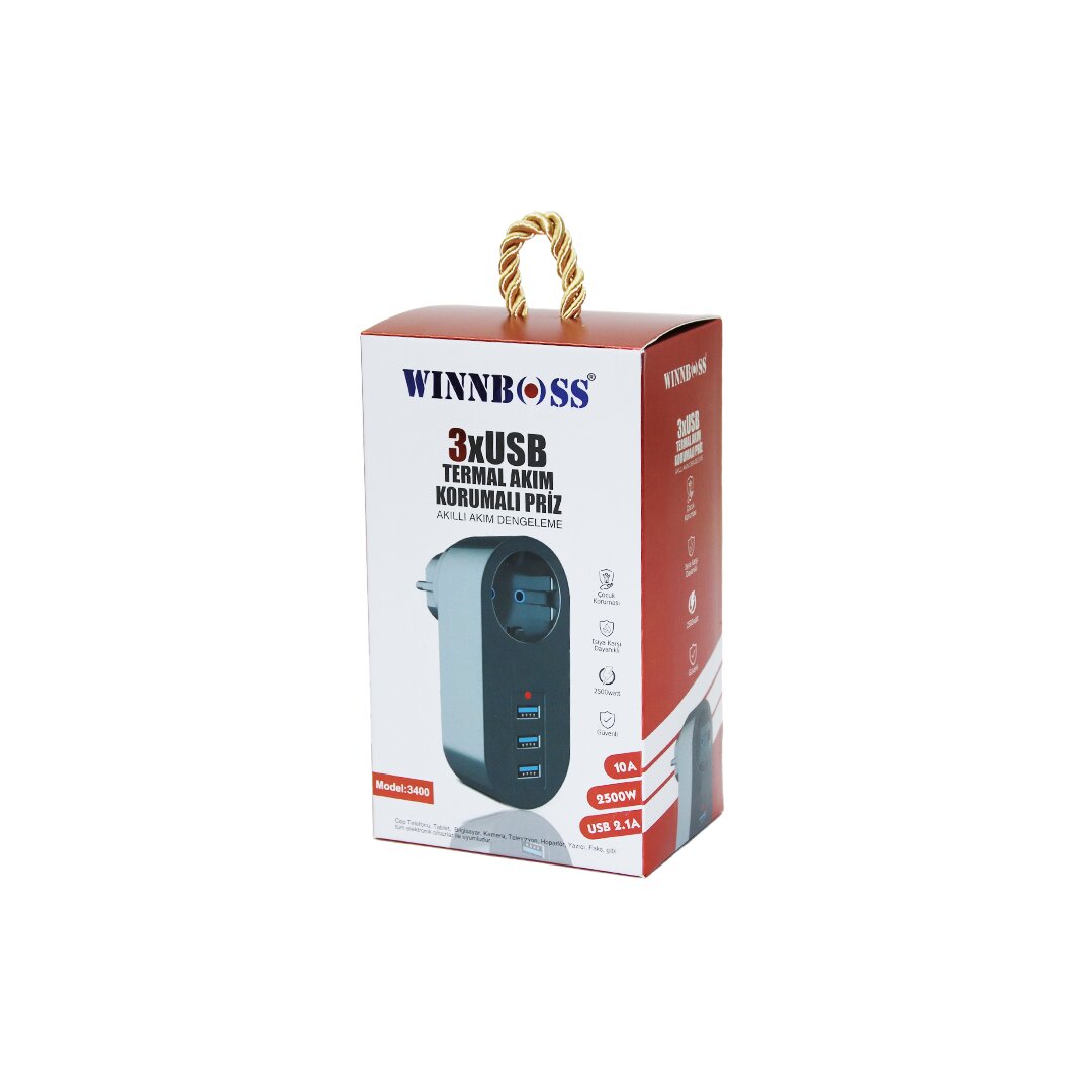 SİYAH TERMAL AKIM KORUMALI 1XPRİZ 3XUSB DUVAR TİPİ PRİZ 10A - 2500W (5643)