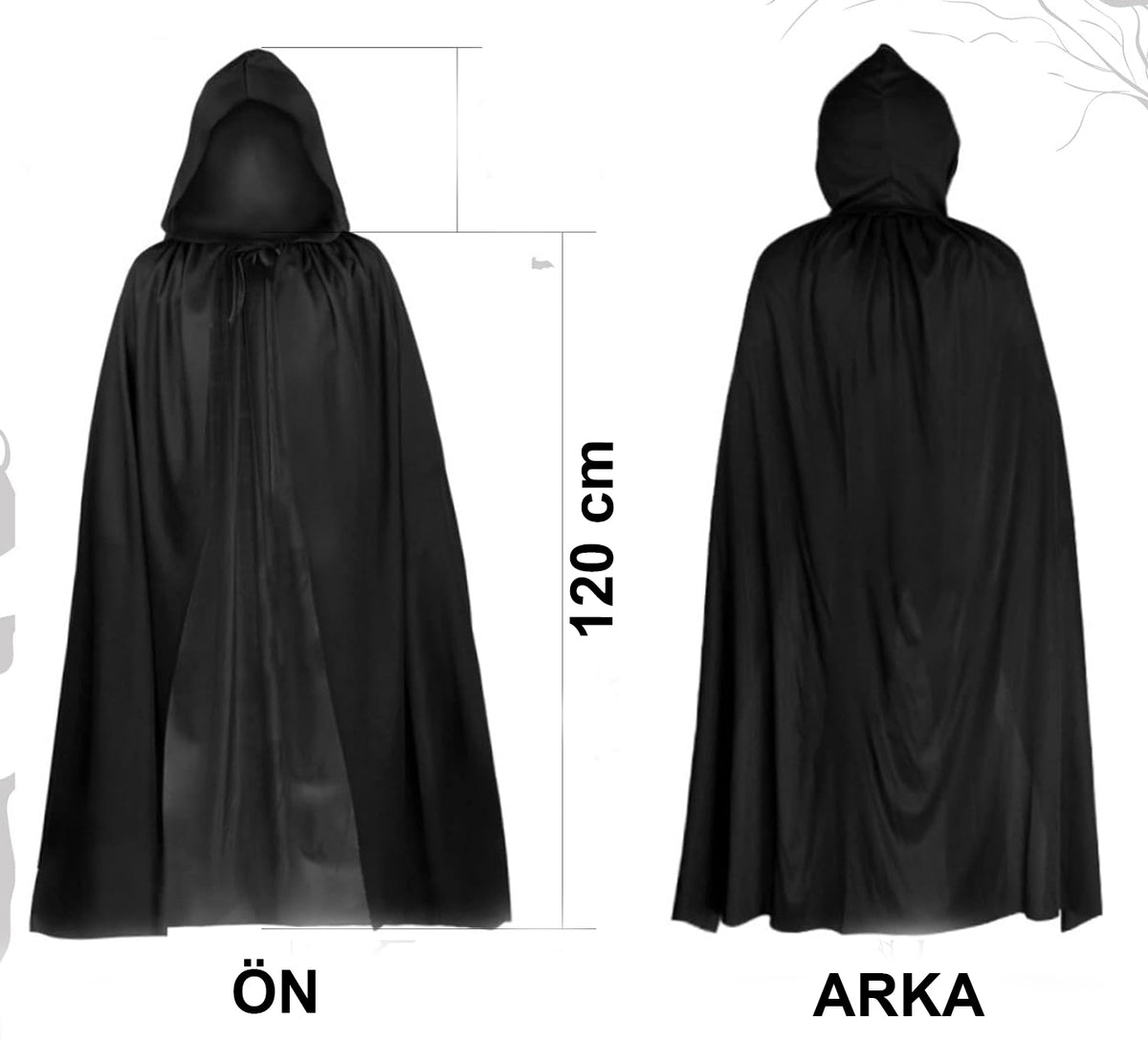 Siyah Uzun Pelerin 120 cm Kapüşonlu – Cosplay ve Parti Kostümü (5643)