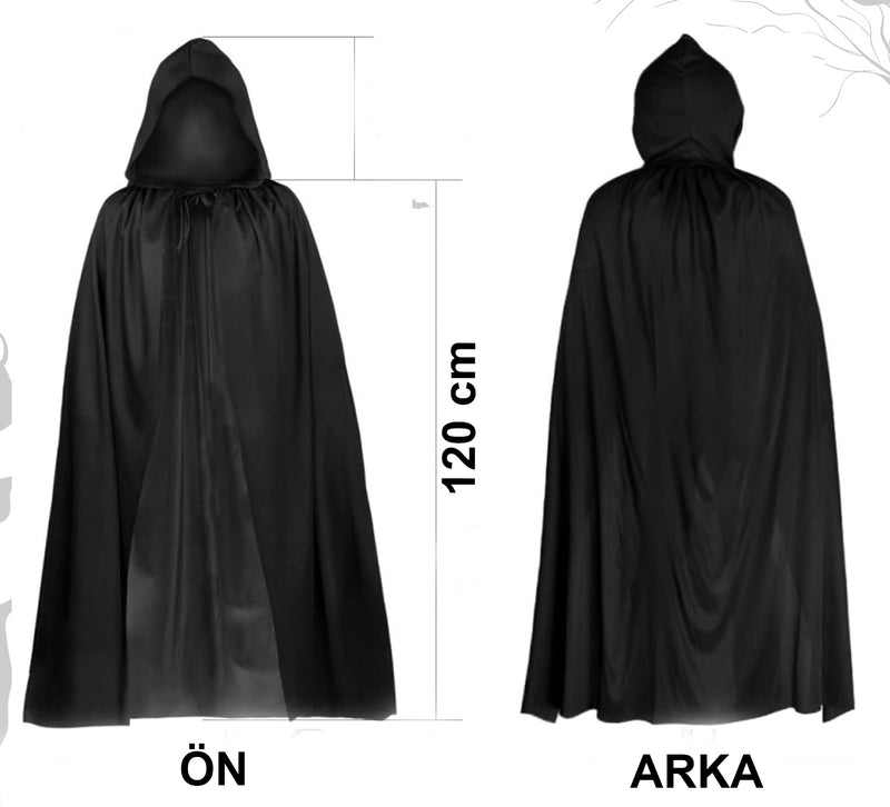 Siyah Uzun Pelerin 120 cm Kapüşonlu – Cosplay ve Parti Kostümü (5643)