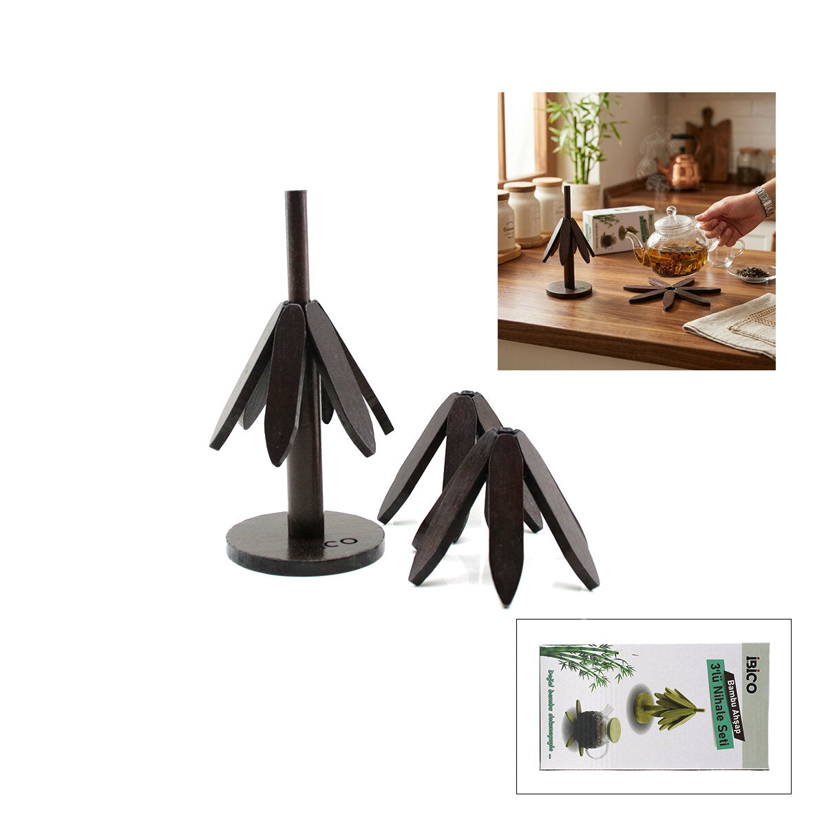 STANDLI=AĞAÇ MODEL 2PCS AHŞAP BAMBU KATLANIR NİHALE YAPRAKLI ÇİÇEK MODELİ= ÇAP: 20CM (5643)