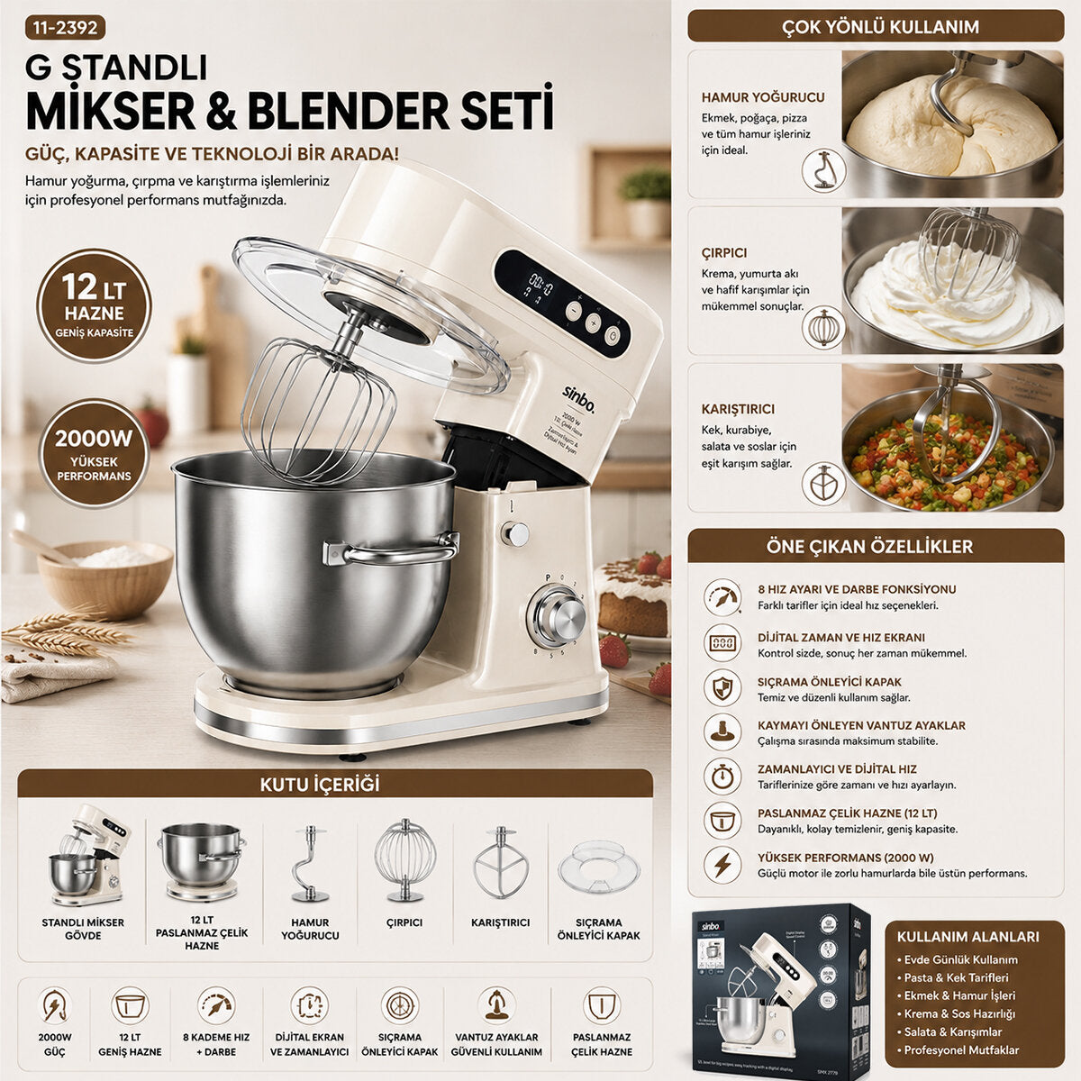 STANDLI MİKSER - BLENDER SETİ HAMUR YOĞURUCU - ÇIRPICI - KARIŞTIRICI 8KADEM. HIZ AYAR 12LT HAZNE 2000W SMX-2779 (5643)