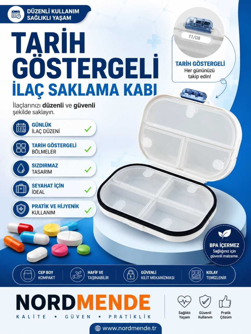 Tarih Göstergeli, Hava Sızdırmaz Ve Su Geçirmez Saklama Kutusu Haftalık Günlük Organizer Şeffaf Taşınabilir