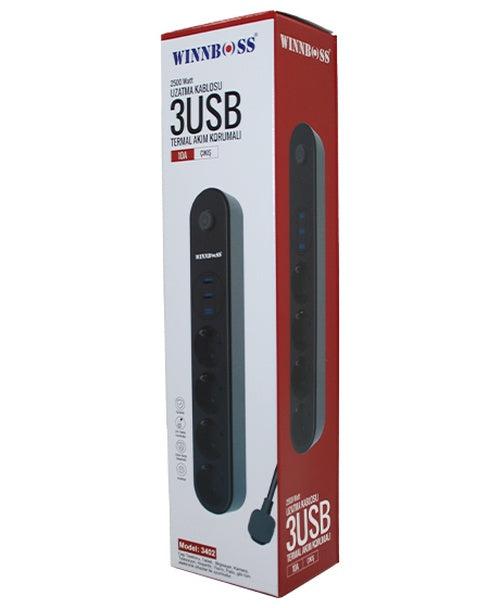 TERMAL AKIM KORUMALI 4LÜ PRİZ 3XUSB 2MT ANAHTARLI UZATMA KABLO SİYAH 10A - 2500W (5643)