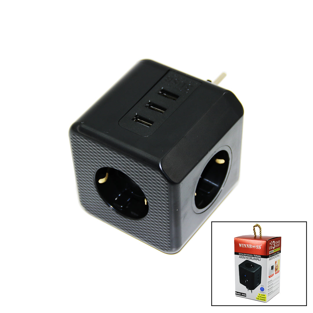 TERMAL AKIM KORUMALI 3X PRİZ 3X USB DUVAR TİPİ PRİZ SİYAH 10A - 2500W (5643)