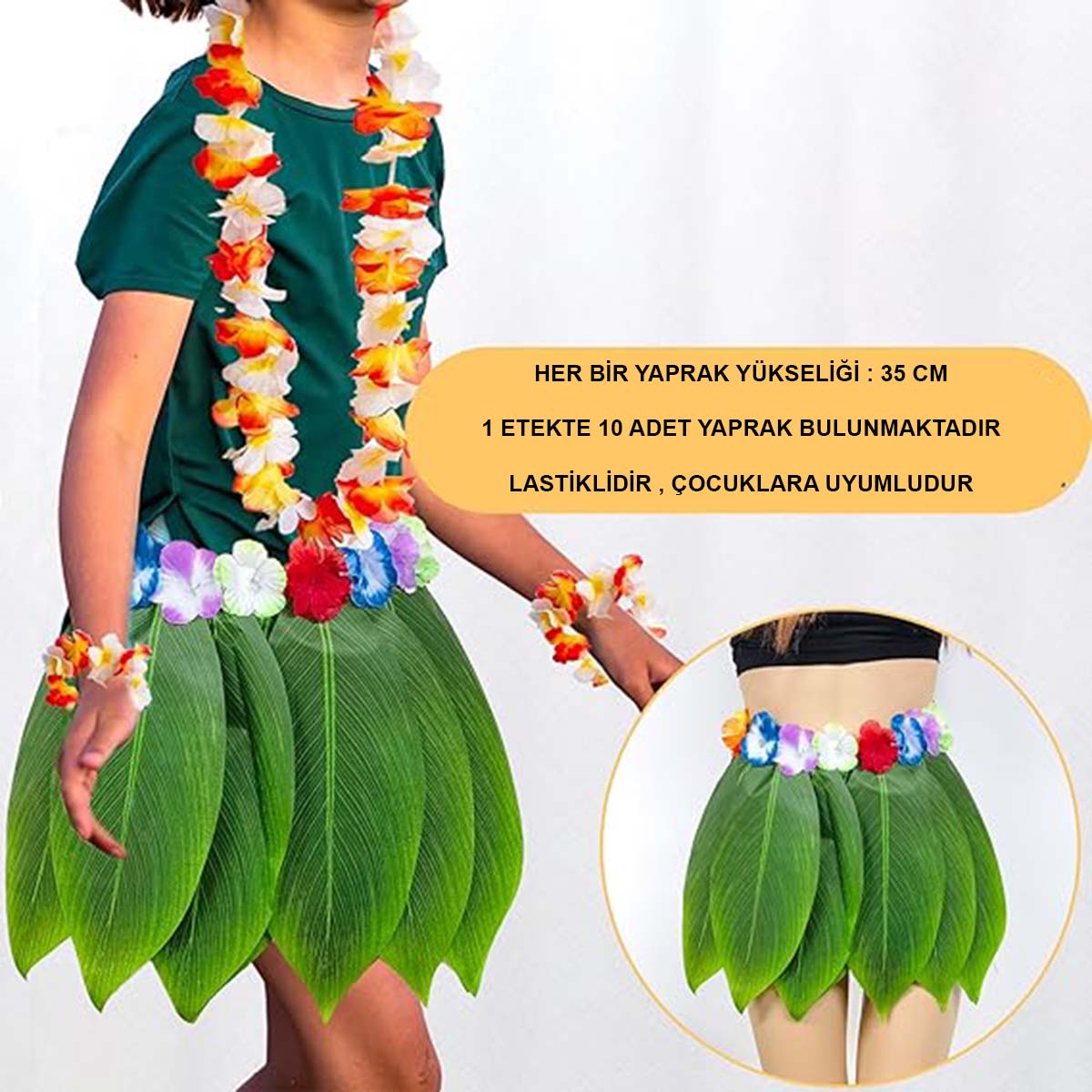 Tropikal Esintili Hawaii Yapraklı Parti Eteği Çocuk Boy (5643)