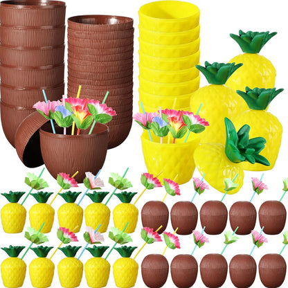 Tropikal Parti Bardak Seti – Ananas ve Hindistan Cevizi Şekilli Pipetli Bardaklar (20 Adet) (5643)