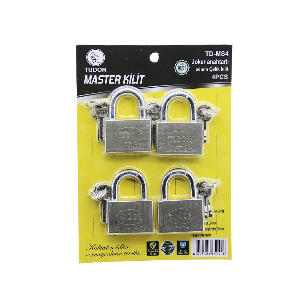 TUDOR TD-MS4 MASTER 4PCS JOKER ANAHTARLI=TEK ANAHTARLA 4 KİLİT AÇ 60MM - GRİ KISA KANCALI ÇELİK ASMA KİLİT (5643)